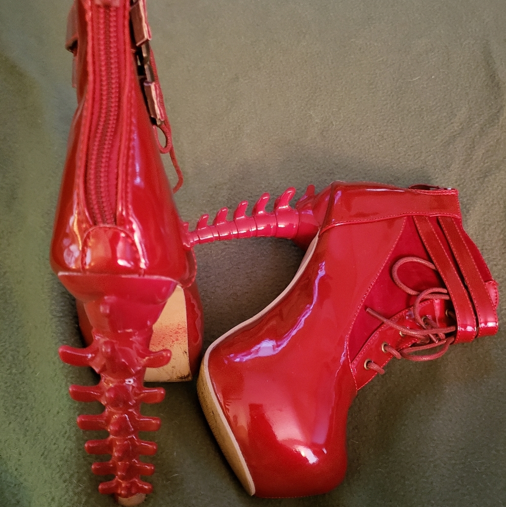 Red patent leather platform booties sz8